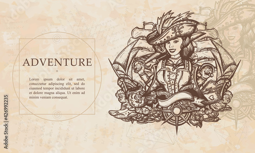 Adventure. Pirate girl and ships.  Sea wolf female. Crime sailor woman portrait, pin up style. Renaissance background. Medieval manuscript, engraving art