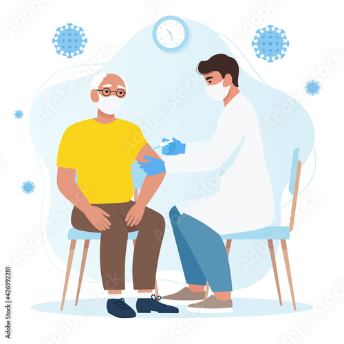 A doctor making a coronavirus vaccine to an elderly man, for immunity health. Stop pandemic Covid-19. Flat vector illustration, isolated on white background