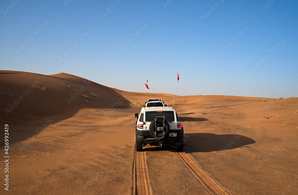 Dubai, United Arab Emirates – April 9, 2021, Mitsubishi Pajero, early morning off-roading and dune bashing around Al Madam Desert with UAE Off roaders, one of best attractions in UAE Dubai, United Arab Emirates – April 9, 2021, Mitsubishi Pajero, early morning off-roading and dune bashing around Al Madam Desert with UAE Off roaders, one of best attractions in UAE