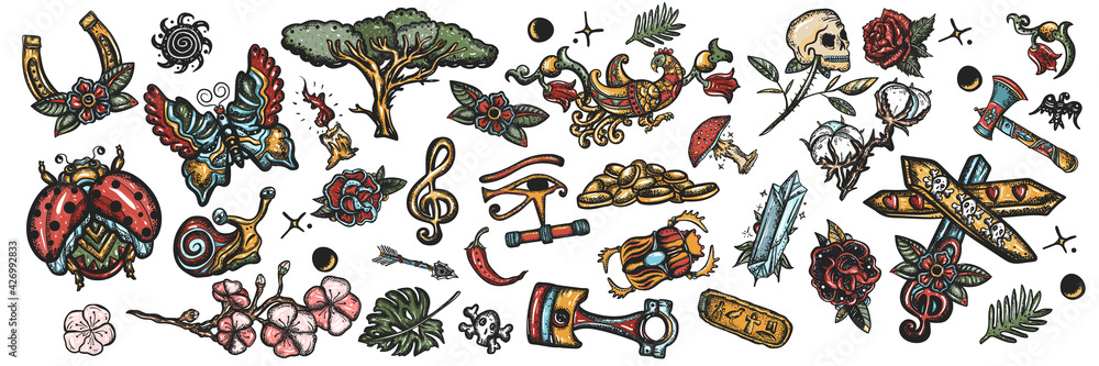 Fototapeta premium Tattoo collection. Big set for design. Old school colorful elements, tattooing style