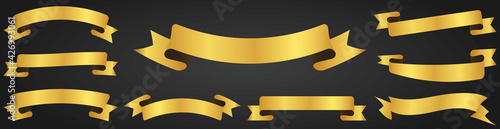 set of gold vintage ribbon banner labels on dark background 