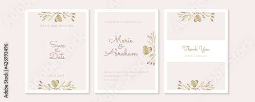 Ornate wedding invitation, table number, menu and place card. Swirl floral templates. Classic vintage design.