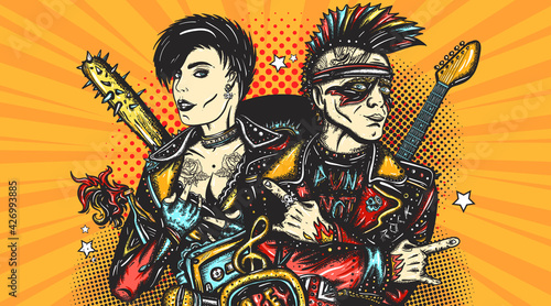 Punk music. Punker with mohawk hairstyle, guitarist. Rock and roll couple. Pop art retro comic style. Hooligans lifestyle. Musicians and electric guitar. Street music culture