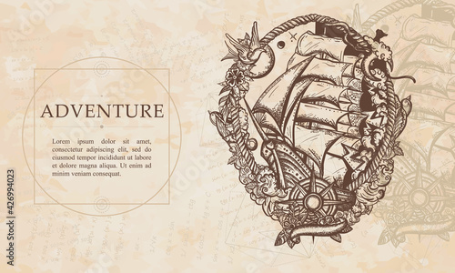 Adventure. Pirate ship goes by storm. Sail boat and sea hurricane. Symbol of light and darkness, life and death, hope and despair, joy and grief. Renaissance background. Medieval manuscript art