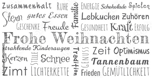 Weihnachtskarte schwarz weiß, deutsche Texte, positive Emotionen, Weihnachtsgrüße Textwolke, Wortwolke