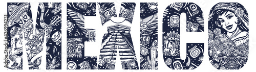 Mexico slogan. Double exposure lettering.  Skeleton with guitar, mexican woman and aztec pyramids. Mayan concept. Day Of Dead art. Old school tattoo vector art. National culture and people