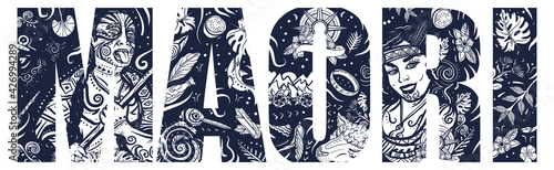 Maori slogan. Double exposure lettering. New Zealand lifestyle. Ethnic Polynesian woman in traditional costume. Aboriginal tribes, warrior grimace. Typography art. Tattoo style. Vector graphics