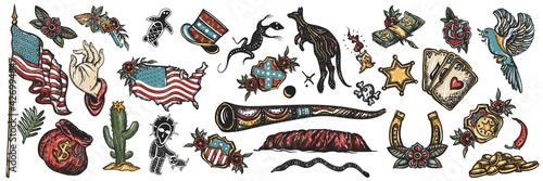 Tattoo elements collection. Big set for design. Colorful old school tattooing style