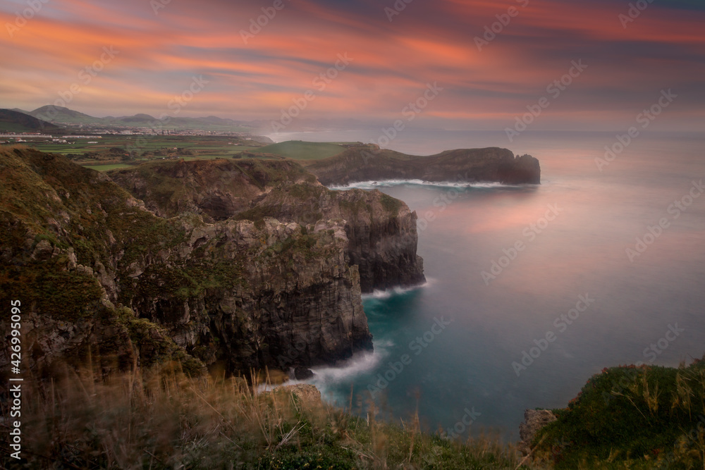 Long exposure landscape. Reibeirinha view at sunset. Sao Miguel de Azores. Portugal