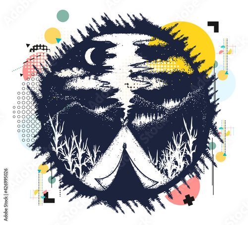 Tent in mountains. Travel symbol, tourism, extreme sports, outdoor. Camping. Zine culture concept. Hand drawn vector glitch tattoo, contemporary cyberpunk collage. Vaporwave art