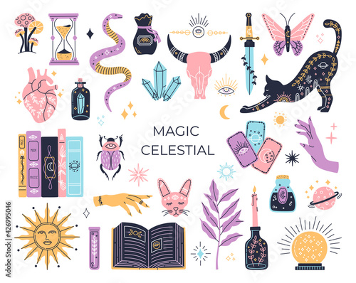 Witchcraft set, mystic magical symbols, hand drawn mystery collection, modern boho style elements for print design crystal, tarot cards, potion. Vector icons and logo illustration, on white background photo