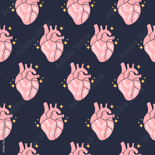 Real anatomical heart with flowers seamless pattern in boho style on blue background, realistic modern trendy hand drawn vector magical symbol and mystic design element, doodle flat shape illustration