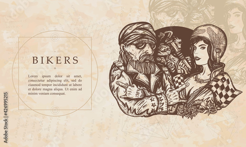 Bikers. Bearded biker man, rider sport moto woman, female motorcyclist. Renaissance background. Medieval manuscript, engraving art