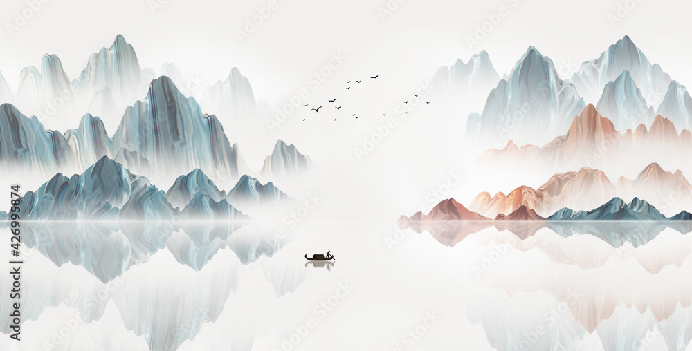 Hand painted Chinese style blue landscape illustration