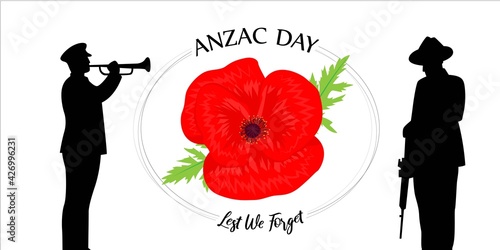 Vector illustration concept of Anzac Day with poppy flowers. 25 April. National remembrance day in Australia and New Zealand.