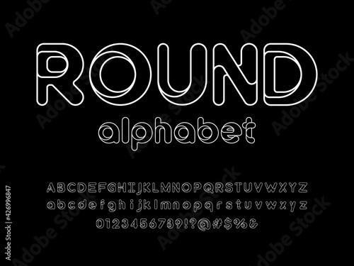 Modern stylized alphabet design with uppercase, lowercase, numbers and symbol