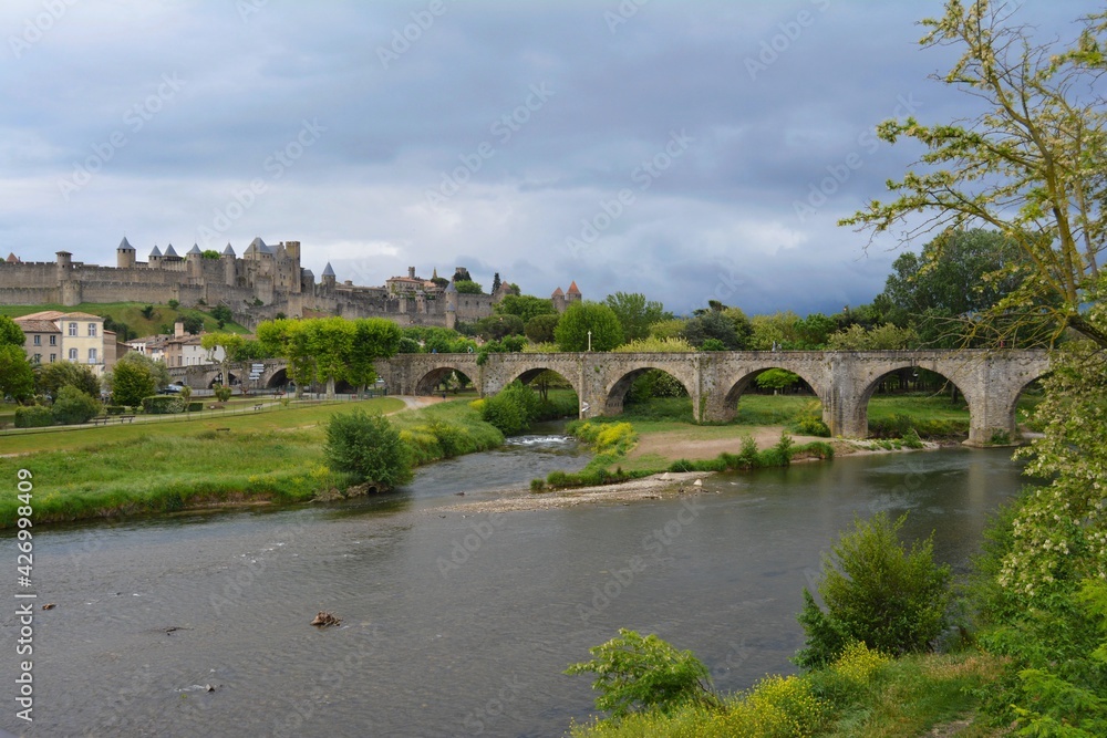 The old bridge and The gothic castle of Carcassonne, France.