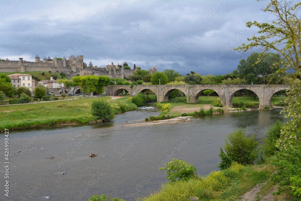 The old bridge and The gothic castle of Carcassonne, France.