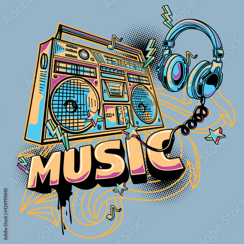 Music design - funky drawn boombox and headphones graffiti