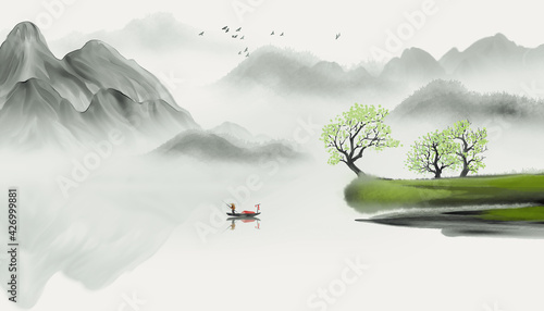 Hand painted spring landscape illustration photo