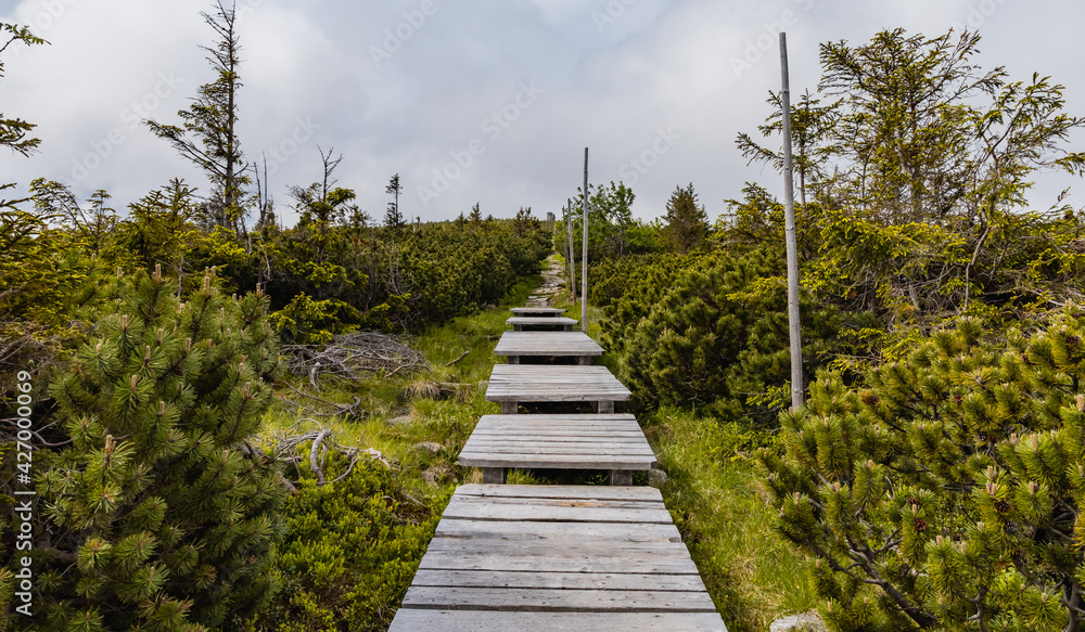 Long mountain trail with panorama of Karkonosze Giant Mountains around Long mountain trail with panorama of Karkonosze Giant Mountains around