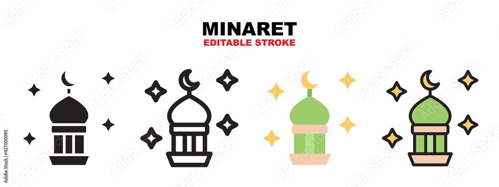 Minaret icon set with different styles. Icons designed in filled, outline, flat, glyph and line colored. Editable stroke and pixel perfect. Can be used for web, mobile, ui and more.