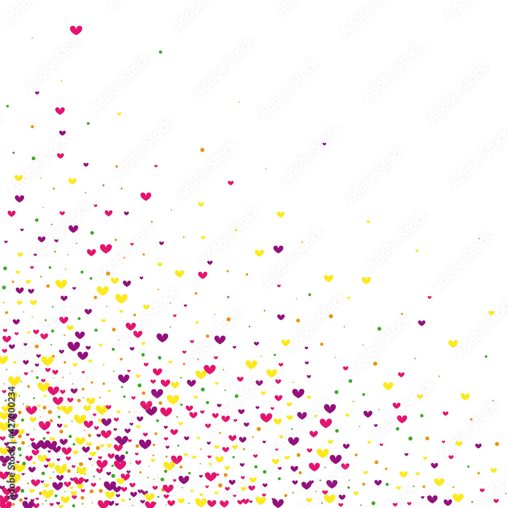 Rose Cover Heart Illustration. Purple Scatter Wallpaper. Yellow Confetti Petals. Pink Vector Frame. Birthday Texture.