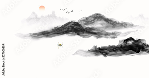 Landscape background illustration of new Chinese ink painting