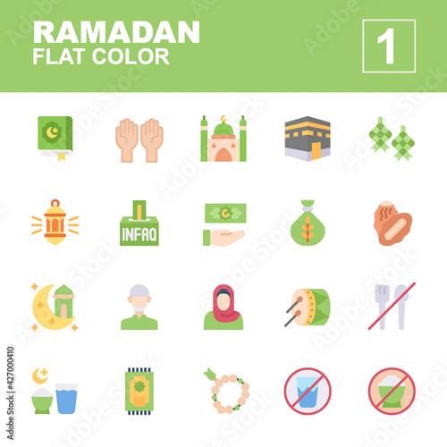 Icon set Ramadan made with flat color technique, contains a quran, mosque, pray, kaaba, allowance, zakat, muslim human, dates fruit, infaq, fasting and more. You can be used for web, mobile and ui.
