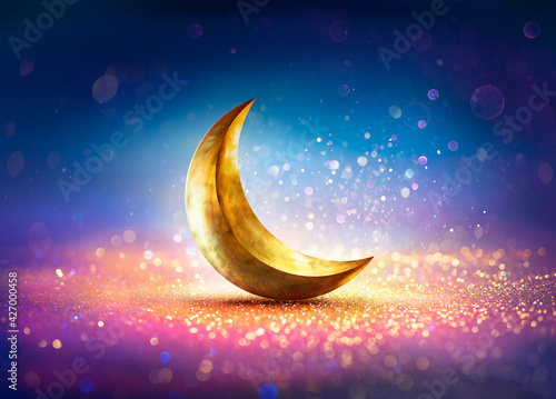 Ramadan Kareem - Moon On Shiny Glitter With Abstract Defocused Lights