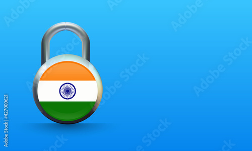 Indian flag on padlock isolated on blue background, coronavirus lockdown concept. covid-19 Vector illustration.
