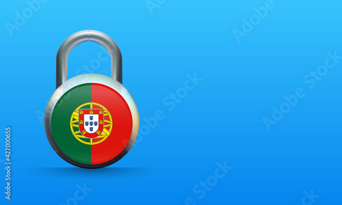 Portuguese flag on padlock isolated on blue background, coronavirus lockdown concept. covid-19 Vector illustration.