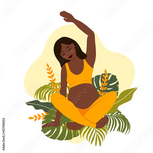 african woman and nature elements. yoga pregnant women concept. Relax, meditation for the expectant mother. vector illustration