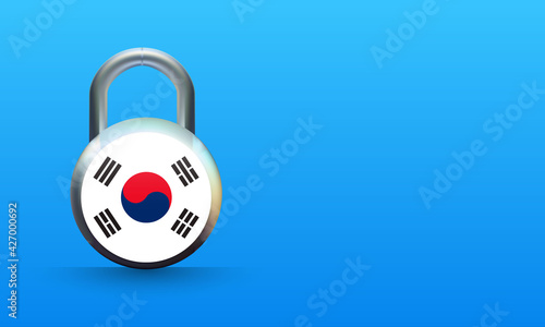 South Korean flag on padlock isolated on blue background, coronavirus lockdown concept. covid-19 Vector illustration.