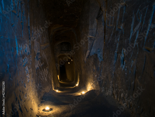 Abandoned chalk cave, the walls are painted by Russian tourists. The text of the inscriptions on the walls in Russian 