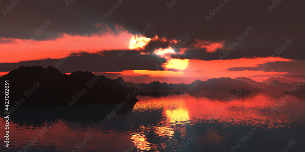 above islands in sea sunset, illustration above islands in sea sunset, illustration