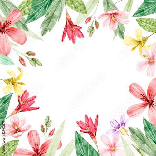 Watercolor frame with colorful flowers and leaves