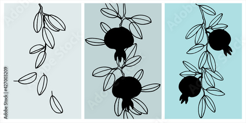 Decor printable art. Set of hand drawn vector illustrations of pomegranate fruits on branches