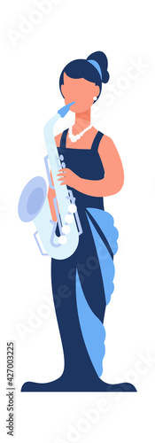Cartoon musician. Woman with saxophone. Female playing music. Cute character holding musical instrument. Symphonic orchestra saxophonist or jazz band performer. Vector trumpet player