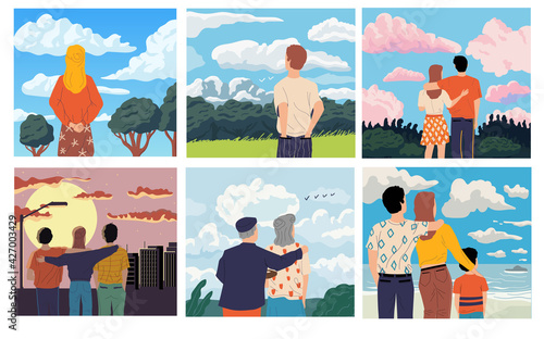 People looking forward. Men and women admiring scenery. Old or young characters spend time outdoor. Scenic landscape and cityscape. Vector persons from behind watching natural view