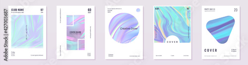 Holographic foil posters. Realistic minimal iridescent invitation banners. Purple mesh hologram flyers with geometric shapes and lettering. Creative covers set. Vector vibrant texture
