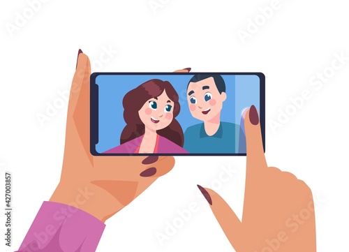 Couple selfie. Happy man and woman taking pictures on smartphone. Cartoon people posing together and shooting photography on phone. Vector female holding device and looking at photos