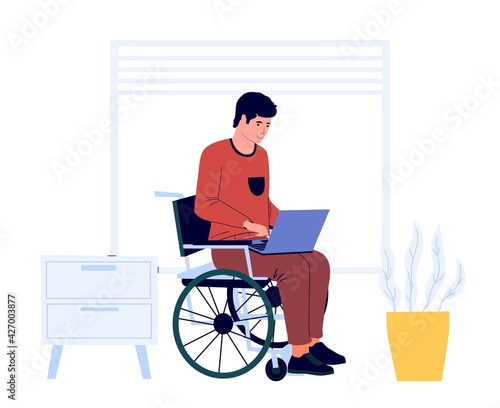 Disabled man work at home. Male sits in wheelchair with laptop. Accessible job for handicapped people. Freelance worker occupation. Equal opportunities for invalids. Vector illustration