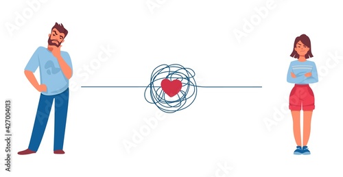 Relationship problem. Couple conflict concept. Quarreling man and woman. Red heart and tangled thread between partners. Divorce or troubles in communication. Vector disputed people