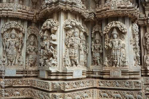 A Detail Stone sculpture of Indian deities on a temple exterior , India is blessed with thousands of magnificent stone temples and is a great tourist attraction.
