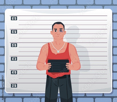 Mugshot. Arrested male criminal suspect holding board with name. Convict bandit. Photography of killer or prisoner against background of wall with markings of height. Vector gangster