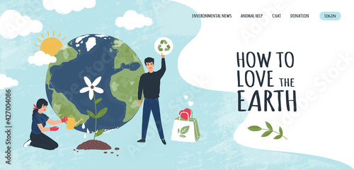 Earth recycle landing page. Website interface. World environment ecology and rubbish recycling company. People care of nature. Planting trees and garbage reuse. Vector web UI template