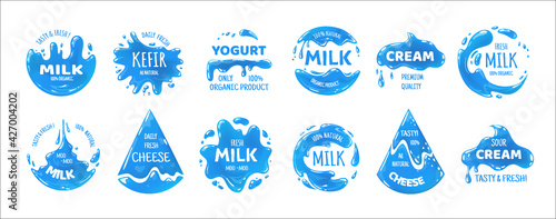 Milk products logo. Cheese, cream and yogurt packaging labels. Isolated blue stickers set for branding food containers. Emblems with splashes and drips. Vector natural organic beverages