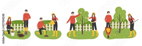Planting tree. Family working in garden. Couple digging soil and watering seedlings in spring. Agricultural workers harvesting and collecting fallen leaves in autumn. Vector gardening