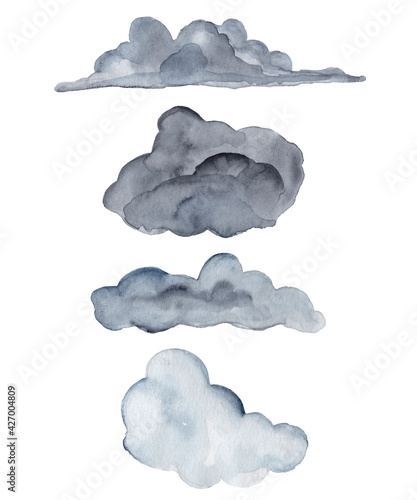 Watercolor set of gray and blue clouds isolated on a white background.